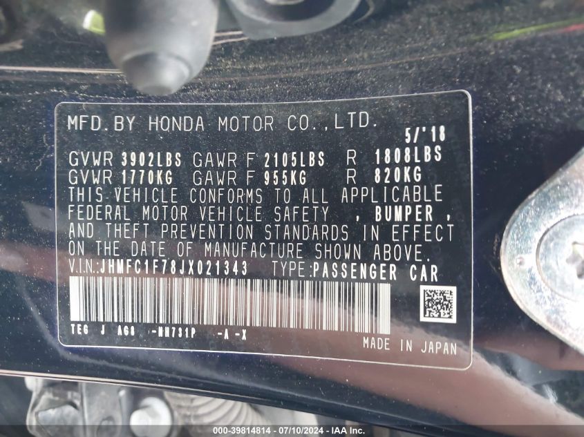 2018 Honda Civic Ex-L VIN: JHMFC1F78JX021343 Lot: 39814814