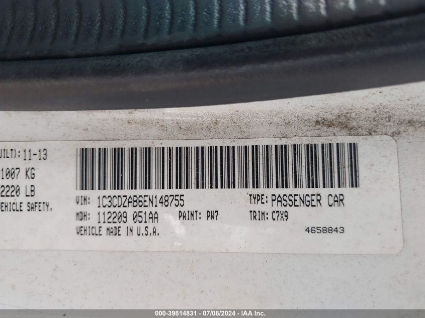 2014 Dodge Avenger Se VIN: 1C3CDZAB6EN148755 Lot: 39814831