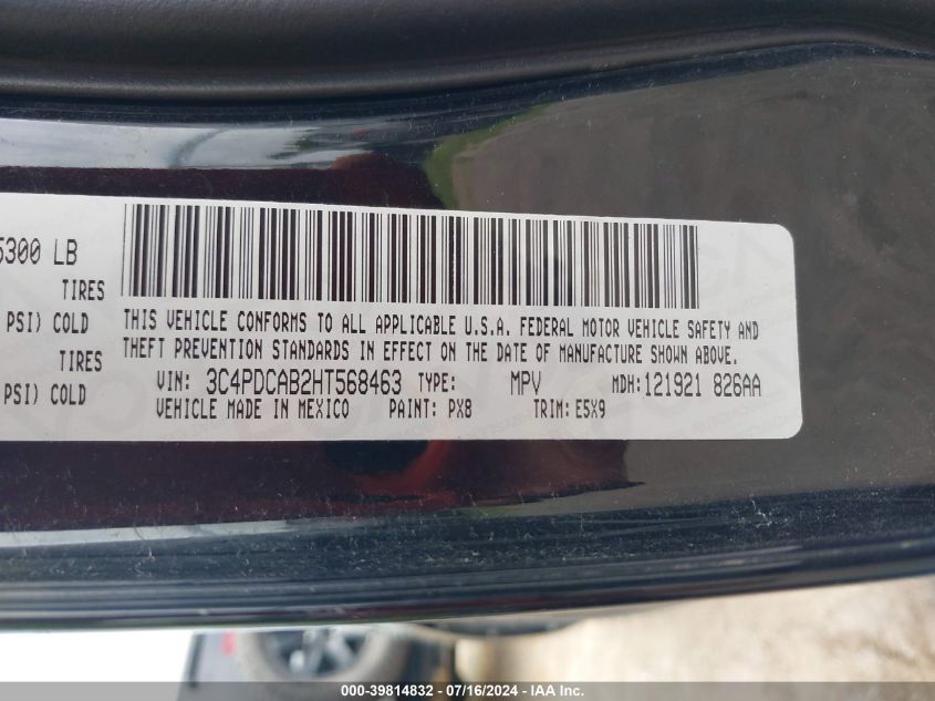 2017 Dodge Journey Se VIN: 3C4PDCAB2HT568463 Lot: 39814832