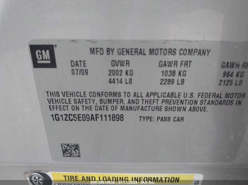 2010 Chevrolet Malibu Lt VIN: 1G1ZC5E09AF111898 Lot: 39814838