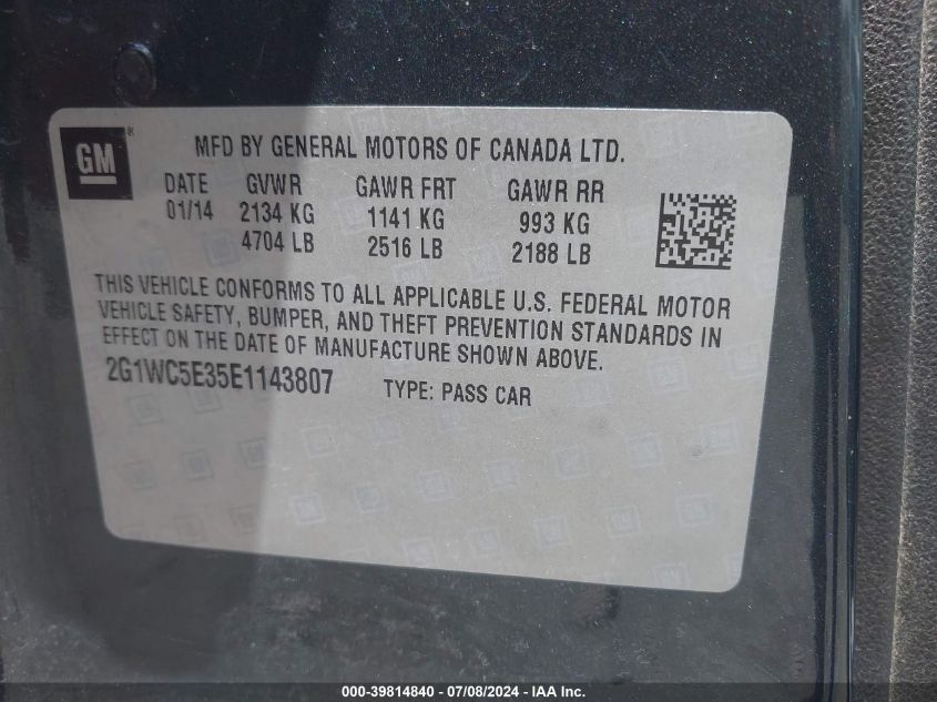 2014 Chevrolet Impala Limited Ltz VIN: 2G1WC5E35E1143807 Lot: 39814840
