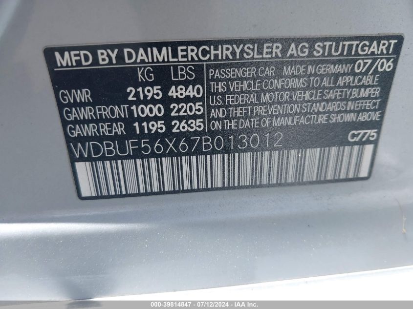 2007 Mercedes-Benz E 350 VIN: WDBUF56X67B013012 Lot: 39814847