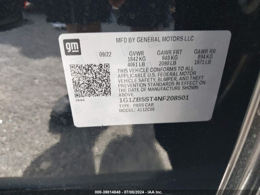 2022 Chevrolet Malibu Ls VIN: 1G1ZB5ST4NF208501 Lot: 39814848