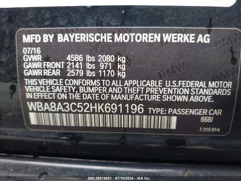 2017 BMW 320I xDrive VIN: WBA8A3C52HK691196 Lot: 39814851