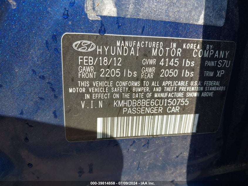 2012 Hyundai Elantra Touring L/Gl VIN: KMHDB8BE6CU150755 Lot: 39814858