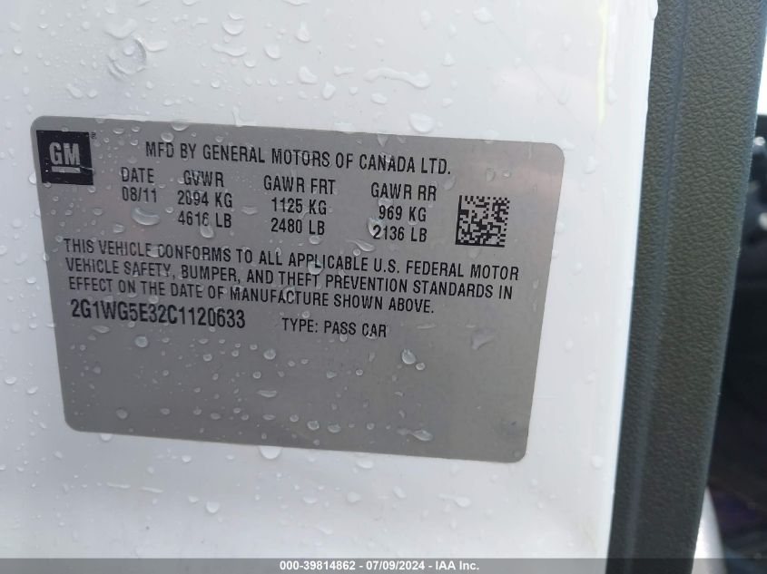 2012 Chevrolet Impala Lt VIN: 2G1WG5E32C1120633 Lot: 39814862