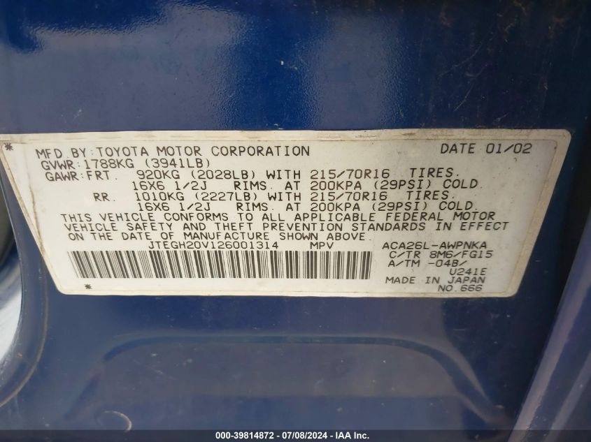 2002 Toyota Rav4 VIN: JTEGH20V126001314 Lot: 39814872