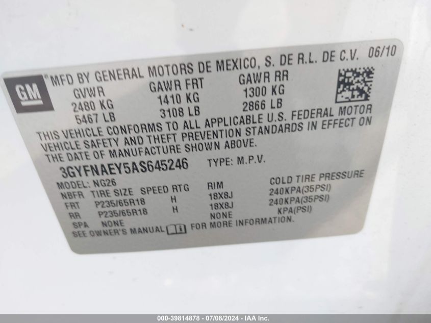 2010 Cadillac Srx Luxury Collection VIN: 3GYFNAEY5AS645246 Lot: 39814878