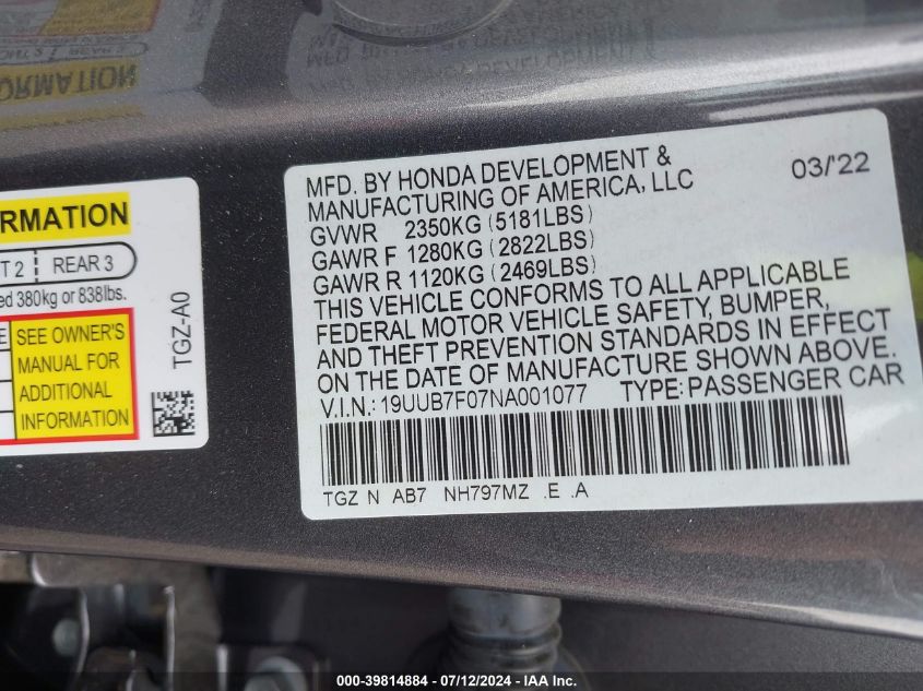 19UUB7F07NA001077 2022 Acura Tlx Type S