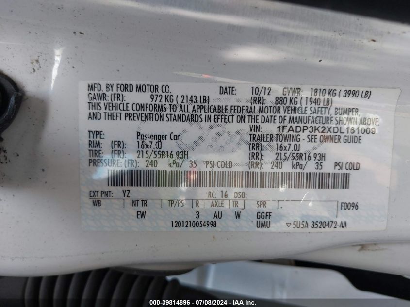 1FADP3K2XDL161009 2013 Ford Focus Se