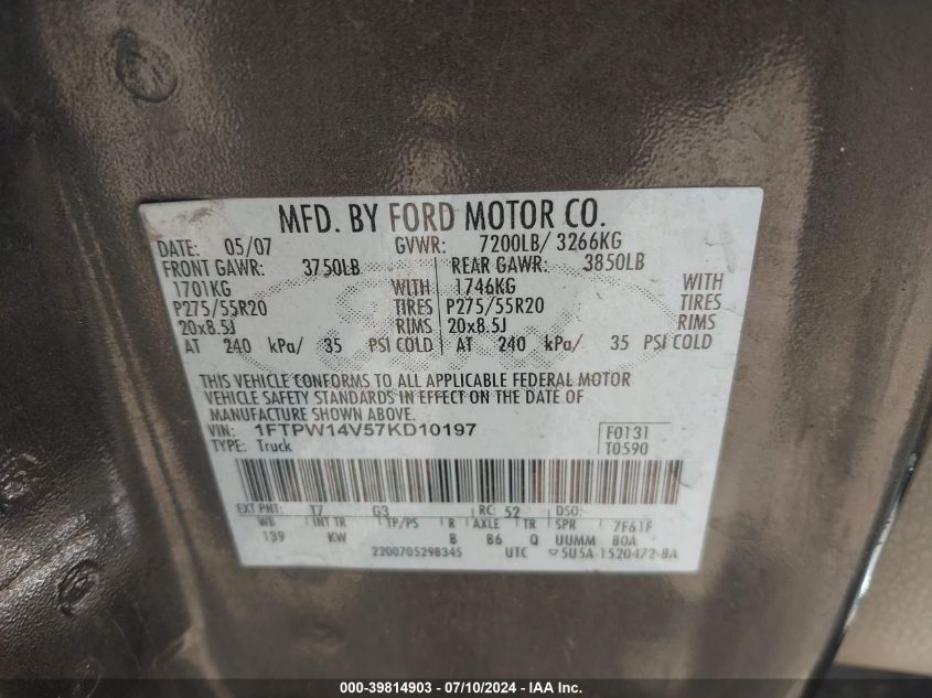 2007 Ford F-150 Fx4/Lariat/Xlt VIN: 1FTPW14V57KD10197 Lot: 39814903