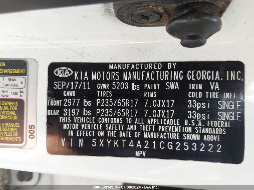 2012 Kia Sorento Lx VIN: 5XYKT4A21CG253222 Lot: 39814904