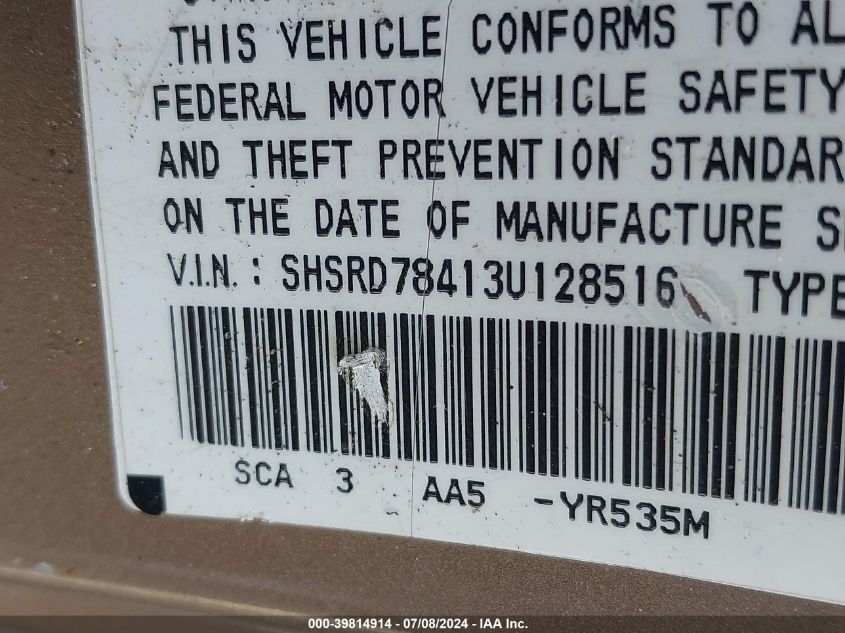 2003 Honda Cr-V Lx VIN: SHSRD78413U128516 Lot: 39814914