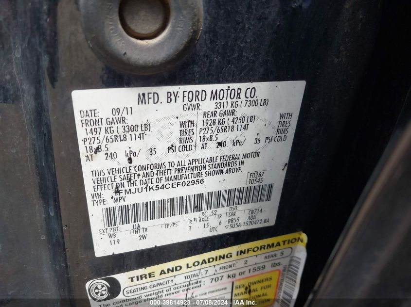 2012 Ford Expedition Limited VIN: 1FMJU1K54CEF02956 Lot: 39814923