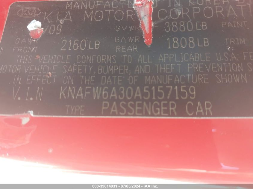 2010 Kia Forte Koup Sx VIN: KNAFW6A30A5157159 Lot: 39814931