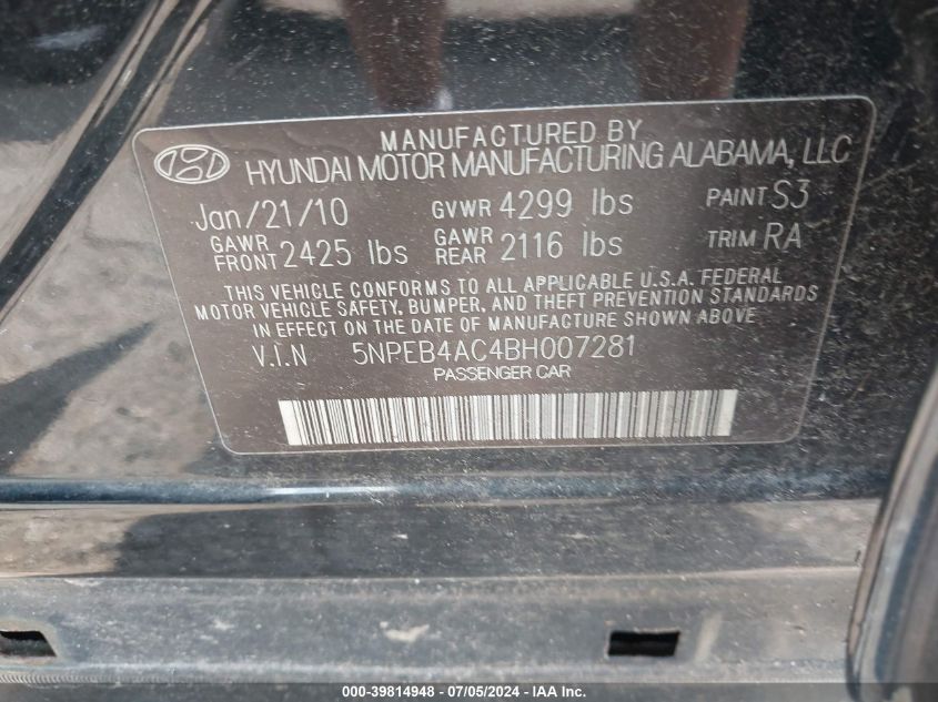 5NPEB4AC4BH007281 2011 Hyundai Sonata Gls