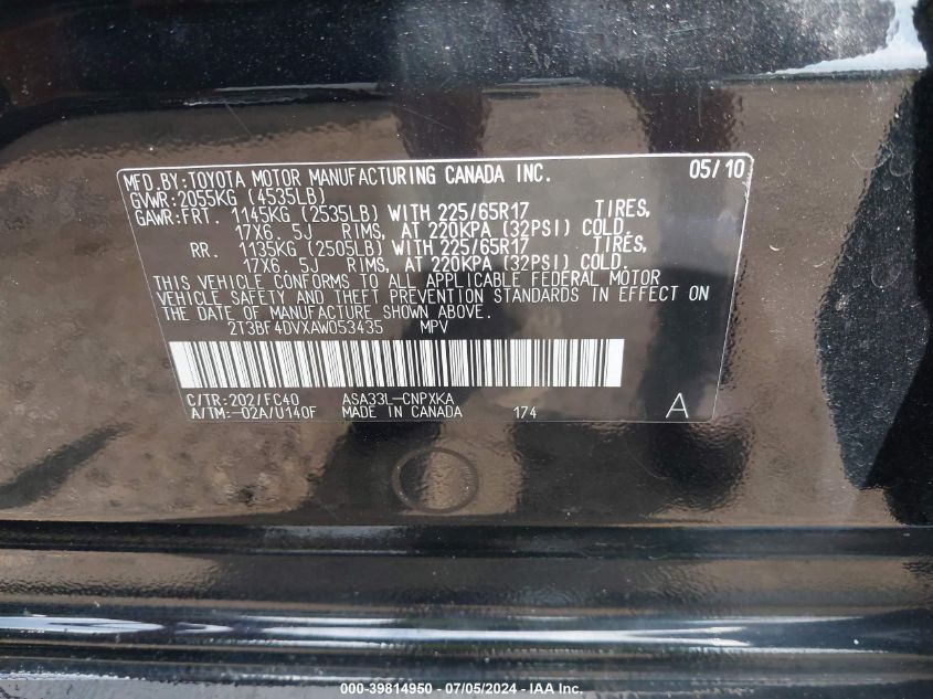 2T3BF4DVXAW053435 2010 Toyota Rav4