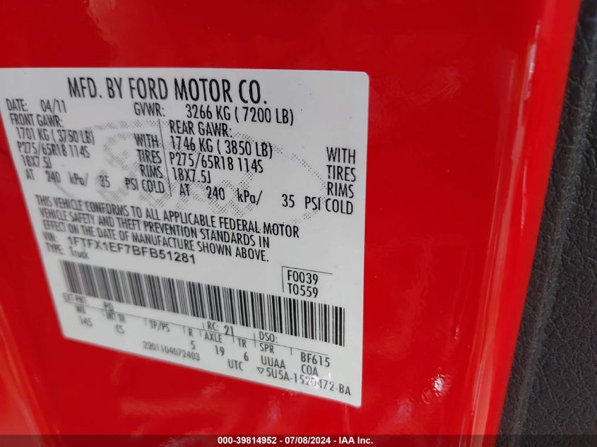 2011 Ford F-150 Stx VIN: 1FTFX1EF7BFB51281 Lot: 39814952