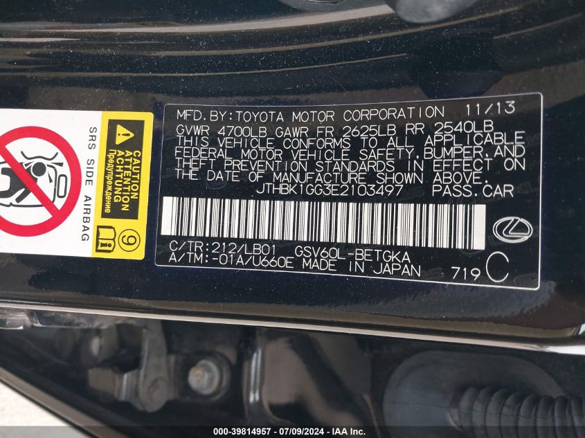 2014 Lexus Es 350 350 VIN: JTHBK1GG3E2103497 Lot: 39814957