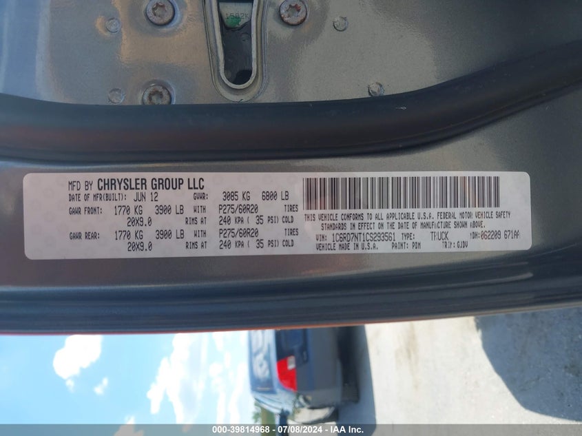 2012 Ram 1500 Laramie VIN: 1C6RD7NT1CS293561 Lot: 39814968