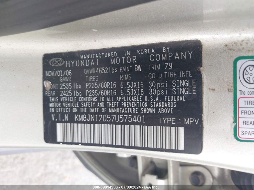 2007 Hyundai Tucson Limited/Se VIN: KM8JN12D57U575401 Lot: 39814983