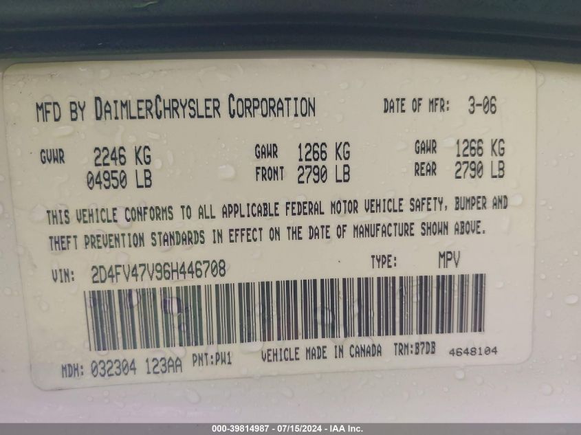 2006 Dodge Magnum VIN: 2D4FV47V96H446708 Lot: 39814987