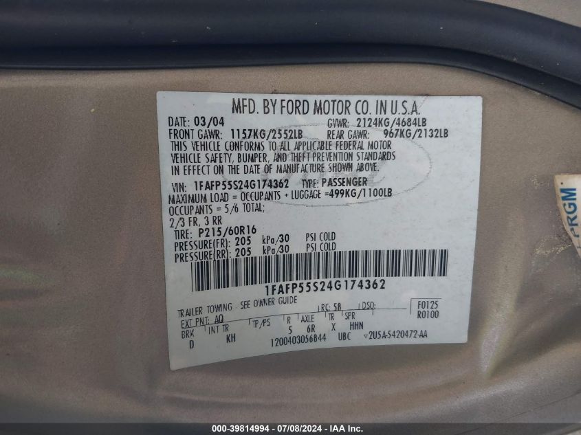 2004 Ford Taurus Ses VIN: 1FAFP55S24G174362 Lot: 39814994