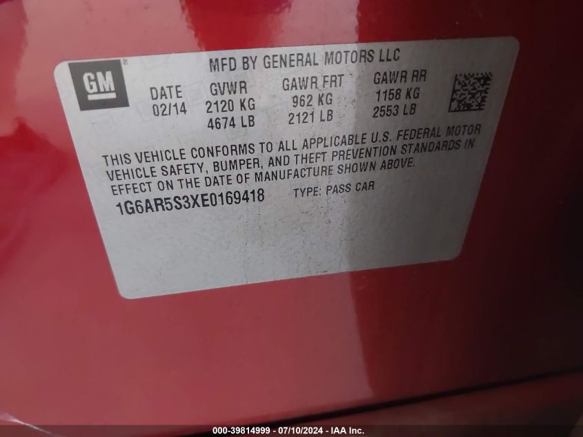 2014 Cadillac Cts Luxury Collection VIN: 1G6AR5S3XE0169418 Lot: 39814999