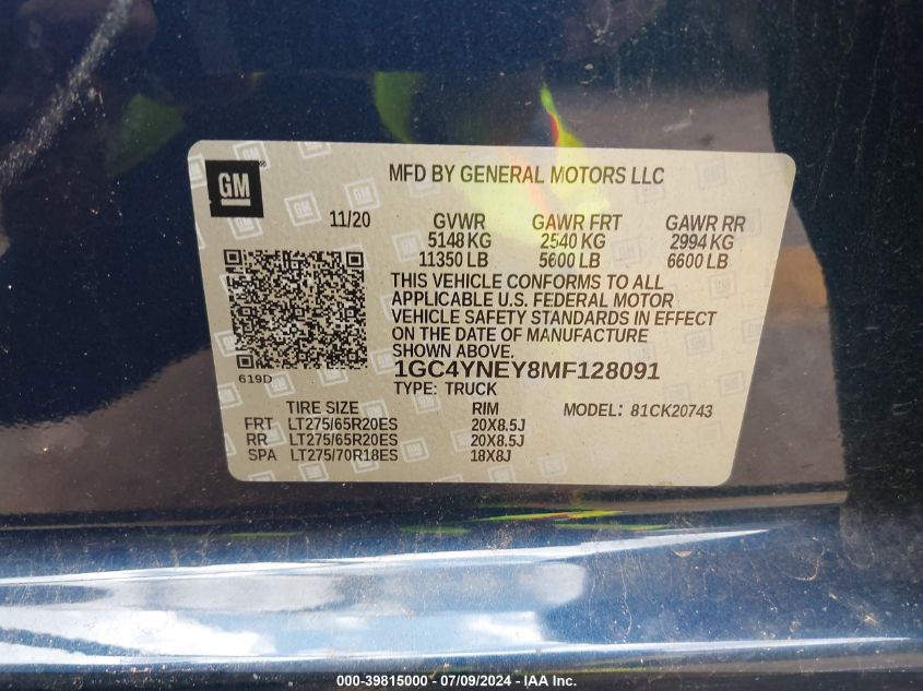 2021 Chevrolet Silverado 2500Hd K2500 Heavy Duty Lt VIN: 1GC4YNEY8MF128091 Lot: 39815000