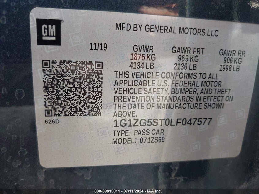 2020 Chevrolet Malibu Fwd Rs VIN: 1G1ZG5ST0LF047577 Lot: 39815011