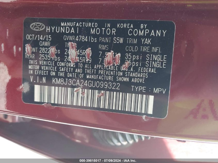 2016 Hyundai Tucson Limited VIN: KM8J3CA24GU099322 Lot: 39815017