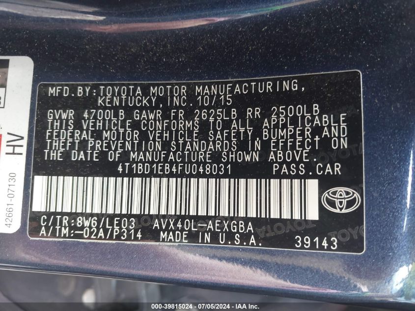 2015 Toyota Avalon Hybrid Xle Touring VIN: 4T1BD1EB4FU048031 Lot: 39815024