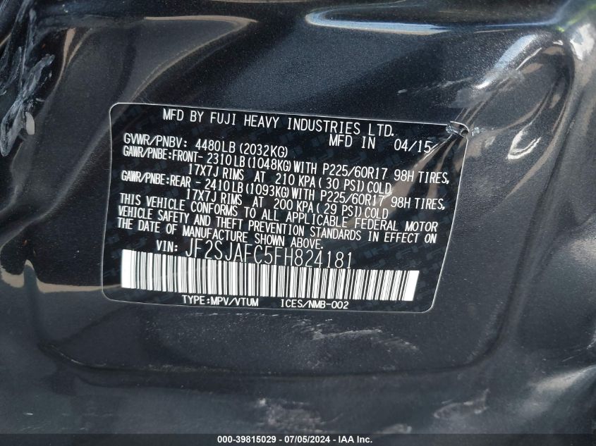 2015 Subaru Forester 2.5I Premium VIN: JF2SJAFC5FH824181 Lot: 39815029