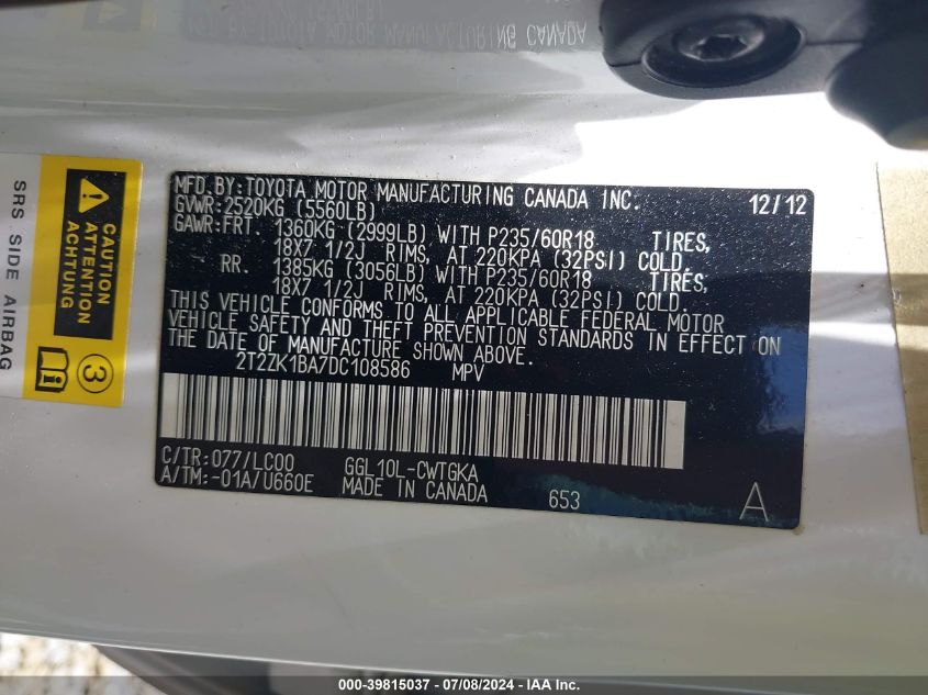 2013 Lexus Rx 350 VIN: 2T2ZK1BA7DC108586 Lot: 39815037