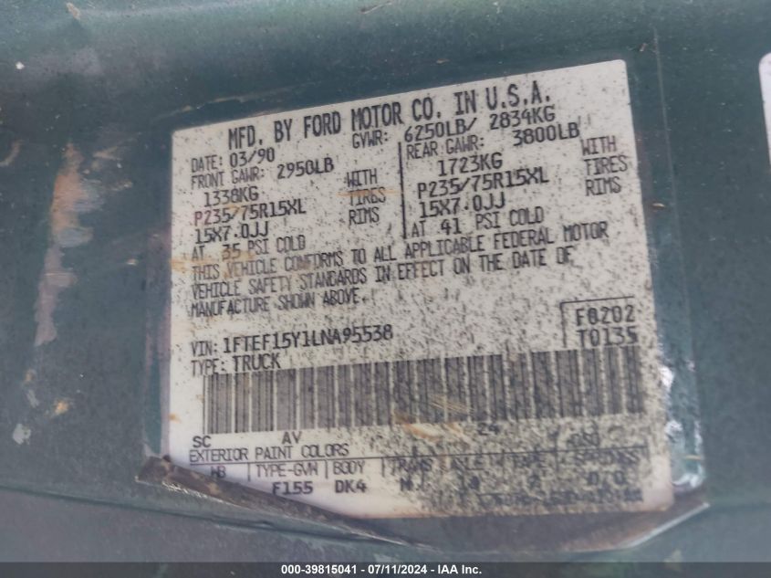 1990 Ford F150 VIN: 1FTEF15Y1LNA95538 Lot: 39815041
