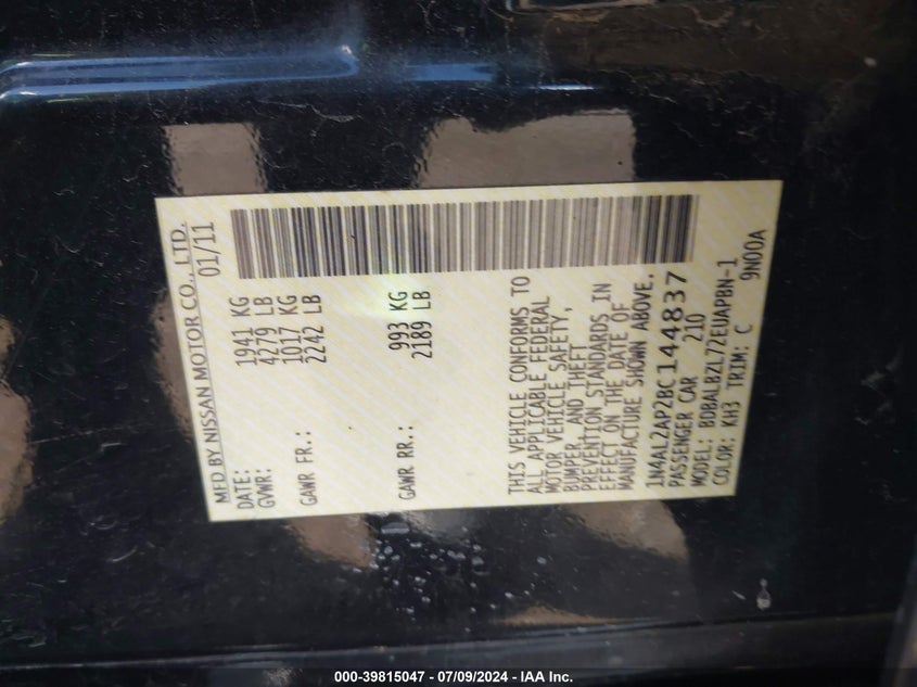 2011 Nissan Altima 2.5 S VIN: 1N4AL2AP2BC144837 Lot: 39815047