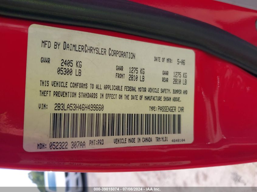 2006 Dodge Charger Rt VIN: 2B3LA53H46H499660 Lot: 39815074