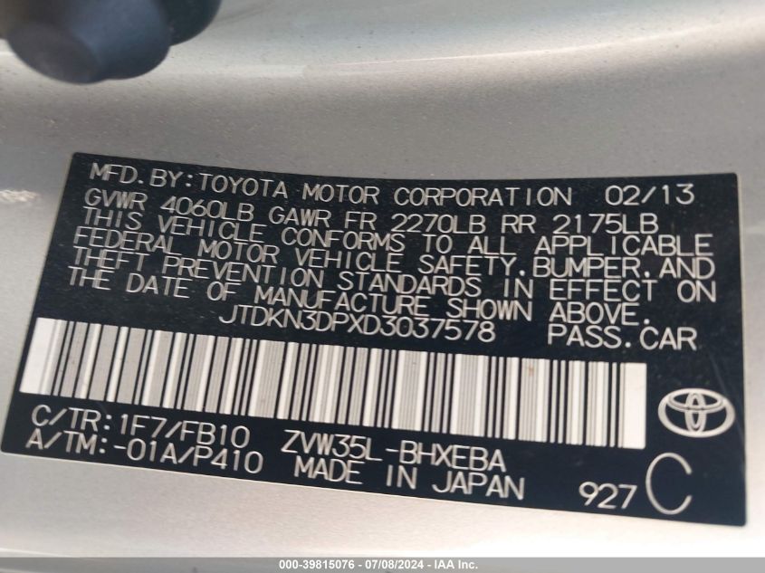 2013 Toyota Prius Plug-In VIN: JTDKN3DPXD3037578 Lot: 39815076