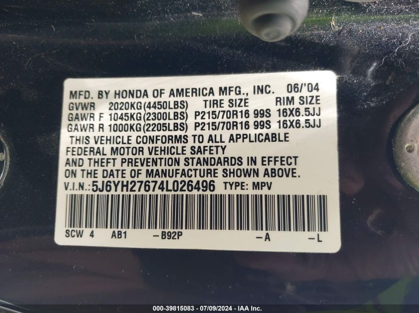 2004 Honda Element Ex VIN: 5J6YH27674L026496 Lot: 39815083