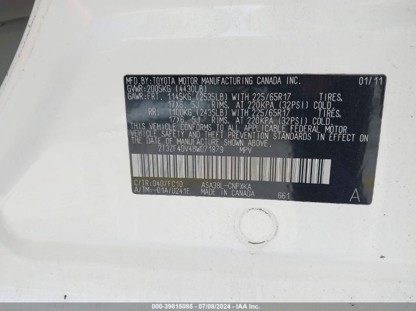 2011 Toyota Rav4 VIN: 2T3ZF4DV4BW071879 Lot: 39815085