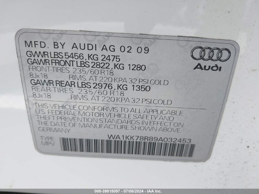 2009 Audi Q5 3.2 Premium VIN: WA1KK78R89A032453 Lot: 39815097