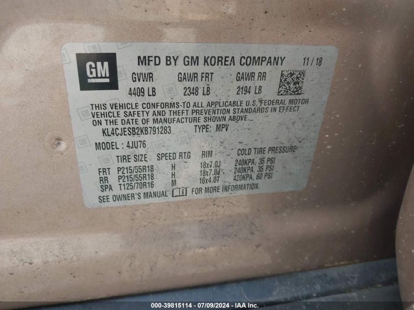 2019 Buick Encore Awd Preferred VIN: KL4CJESB2KB791283 Lot: 39815114