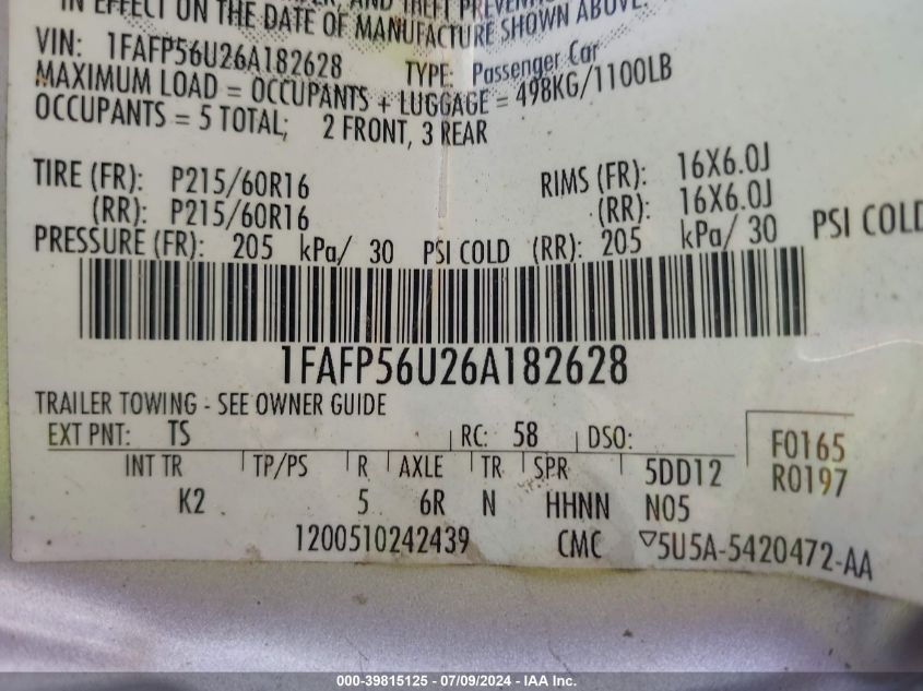 2006 Ford Taurus Sel VIN: 1FAFP56U26A182628 Lot: 39815125