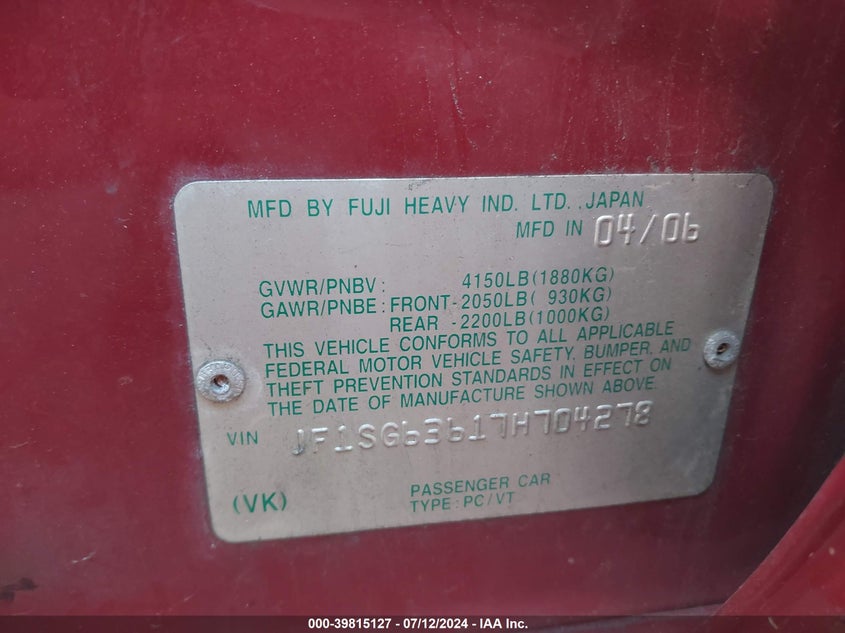 2007 Subaru Forester 2.5X VIN: JF1SG63617H704278 Lot: 39815127