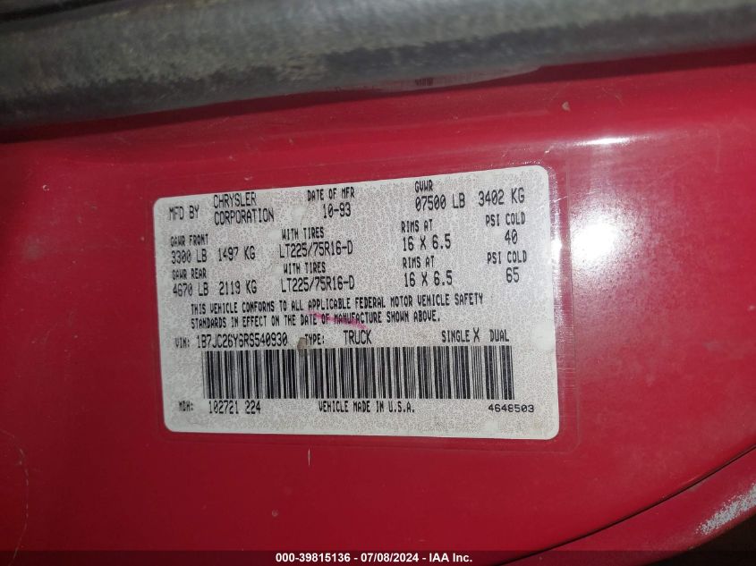 1994 Dodge Ram 2500 VIN: 1B7JC26Y6RS540930 Lot: 39815136