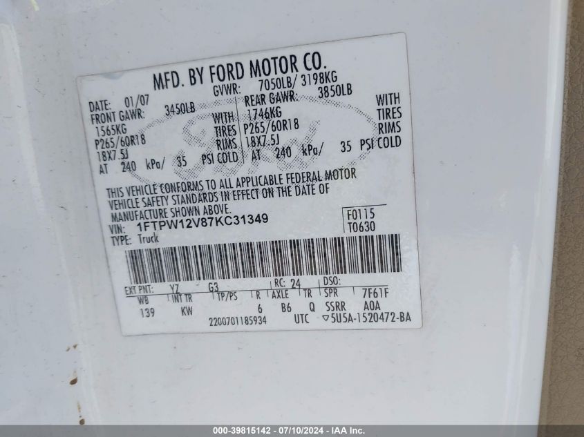 2007 Ford F150 Supercrew VIN: 1FTPW12V87KC31349 Lot: 39815142