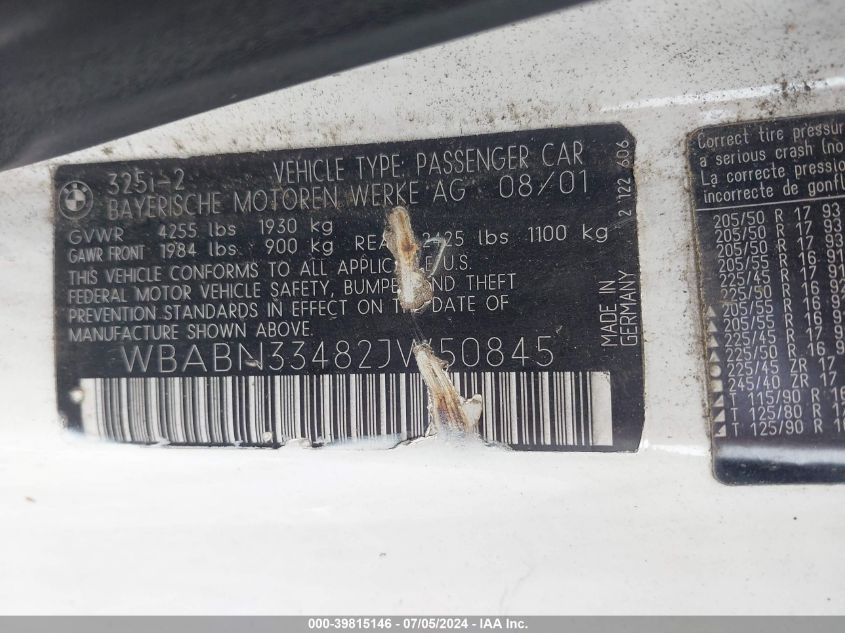 2002 BMW 325Ci VIN: WBABN33482JW50845 Lot: 39815146