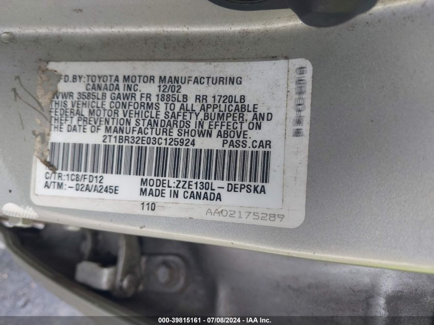 2003 Toyota Corolla S VIN: 2T1BR32E03C125924 Lot: 39815161