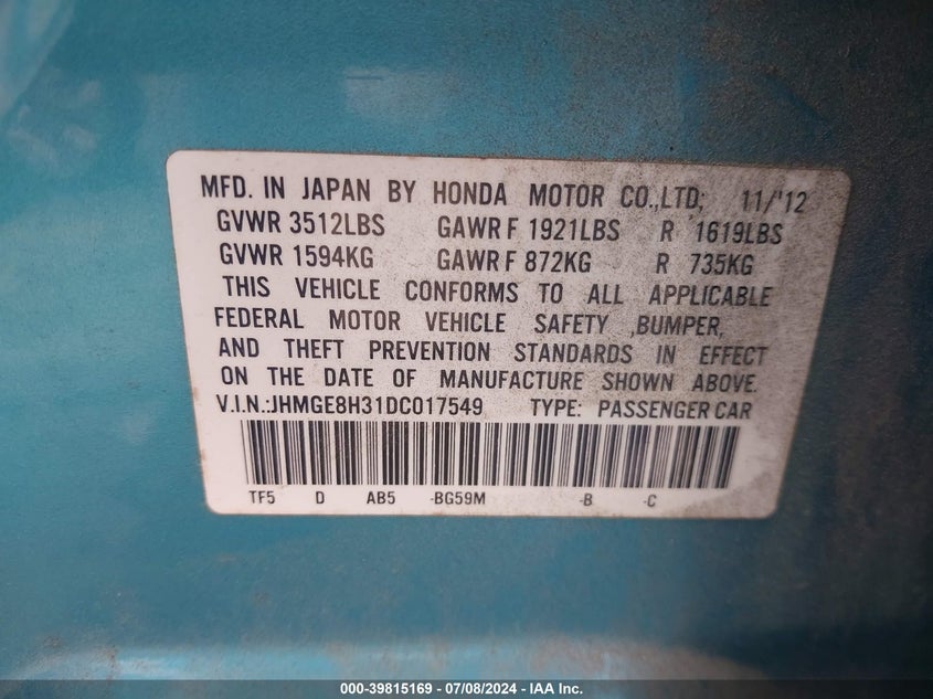 2013 HONDA FIT - JHMGE8H31DC017549