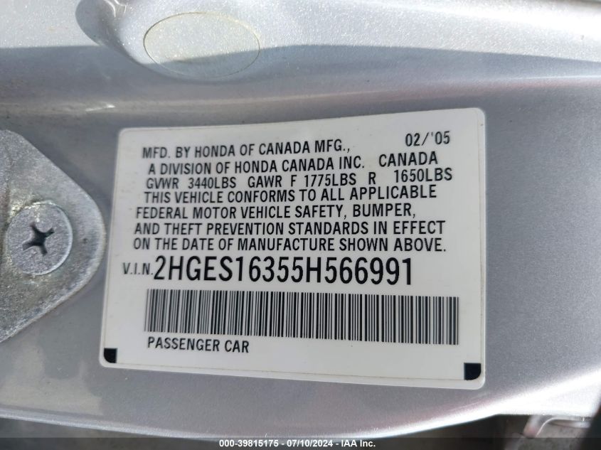 2HGES16355H566991 | 2005 HONDA CIVIC